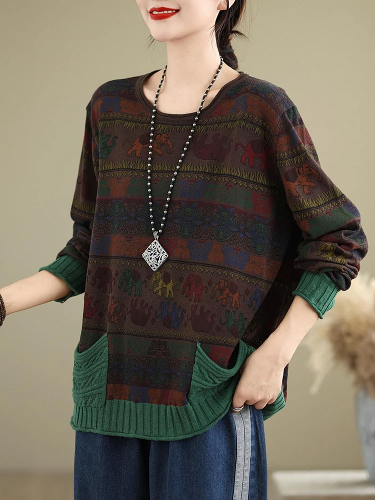 Amax luluE 2024 Fall Womens Fashion Printed Loose Sweaters Cartoon Knitted Clothes Ladies Casual O Neck Pullover Classic Jumpers
