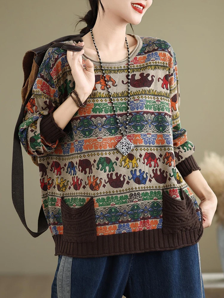 Amax luluE 2024 Fall Womens Fashion Printed Loose Sweaters Cartoon Knitted Clothes Ladies Casual O Neck Pullover Classic Jumpers