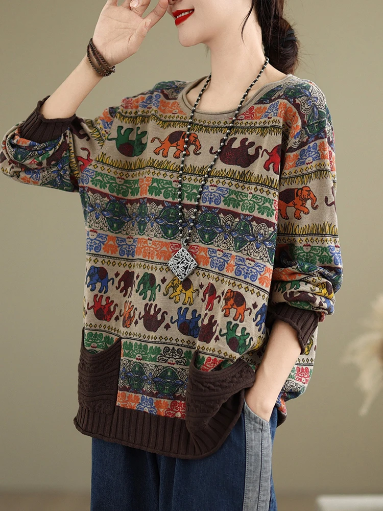 Amax luluE 2024 Fall Womens Fashion Printed Loose Sweaters Cartoon Knitted Clothes Ladies Casual O Neck Pullover Classic Jumpers