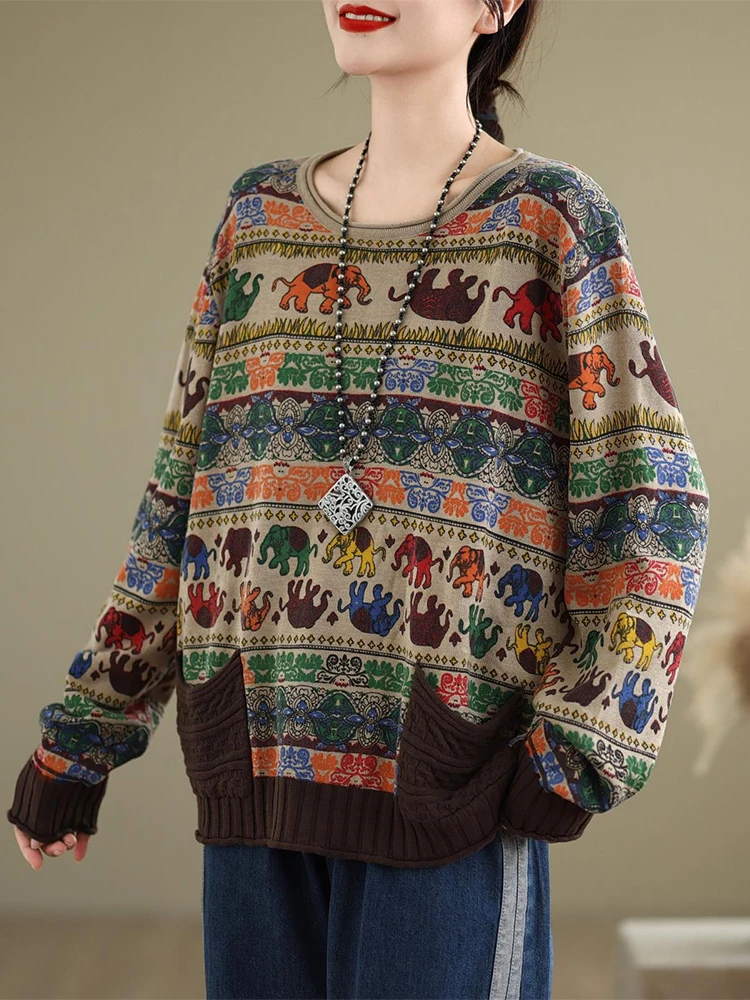 Amax luluE 2024 Fall Womens Fashion Printed Loose Sweaters Cartoon Knitted Clothes Ladies Casual O Neck Pullover Classic Jumpers