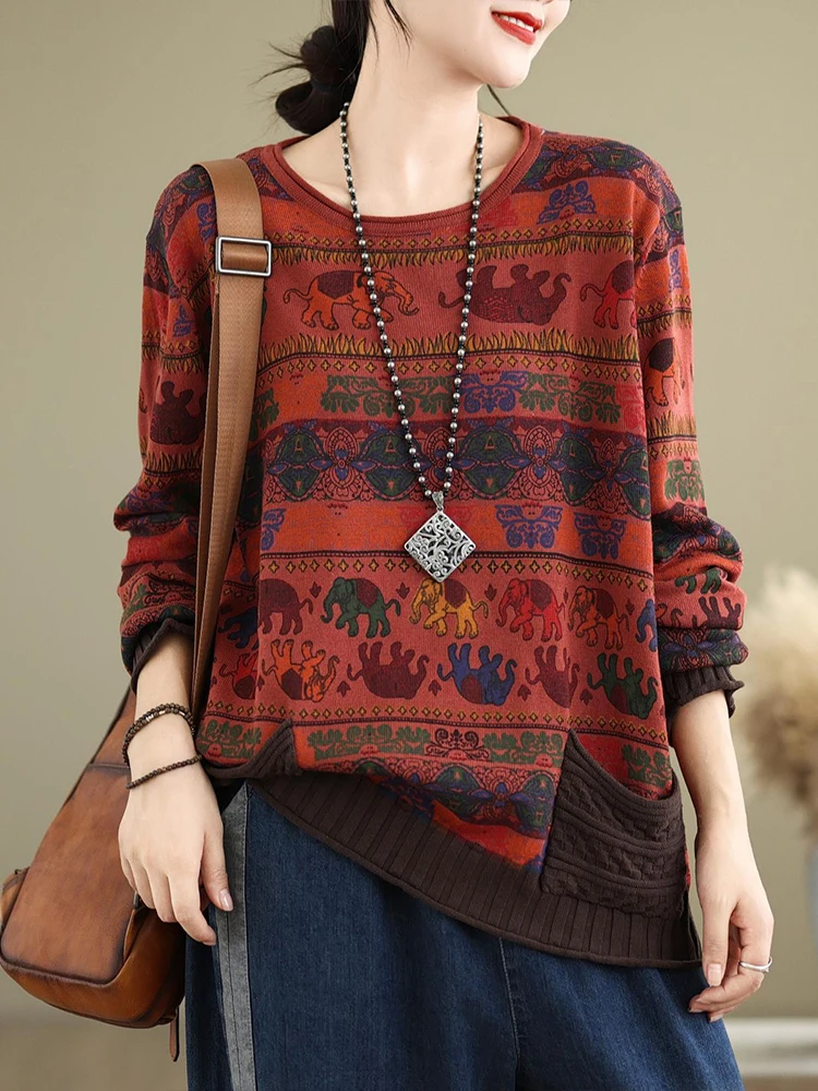Amax luluE 2024 Fall Womens Fashion Printed Loose Sweaters Cartoon Knitted Clothes Ladies Casual O Neck Pullover Classic Jumpers