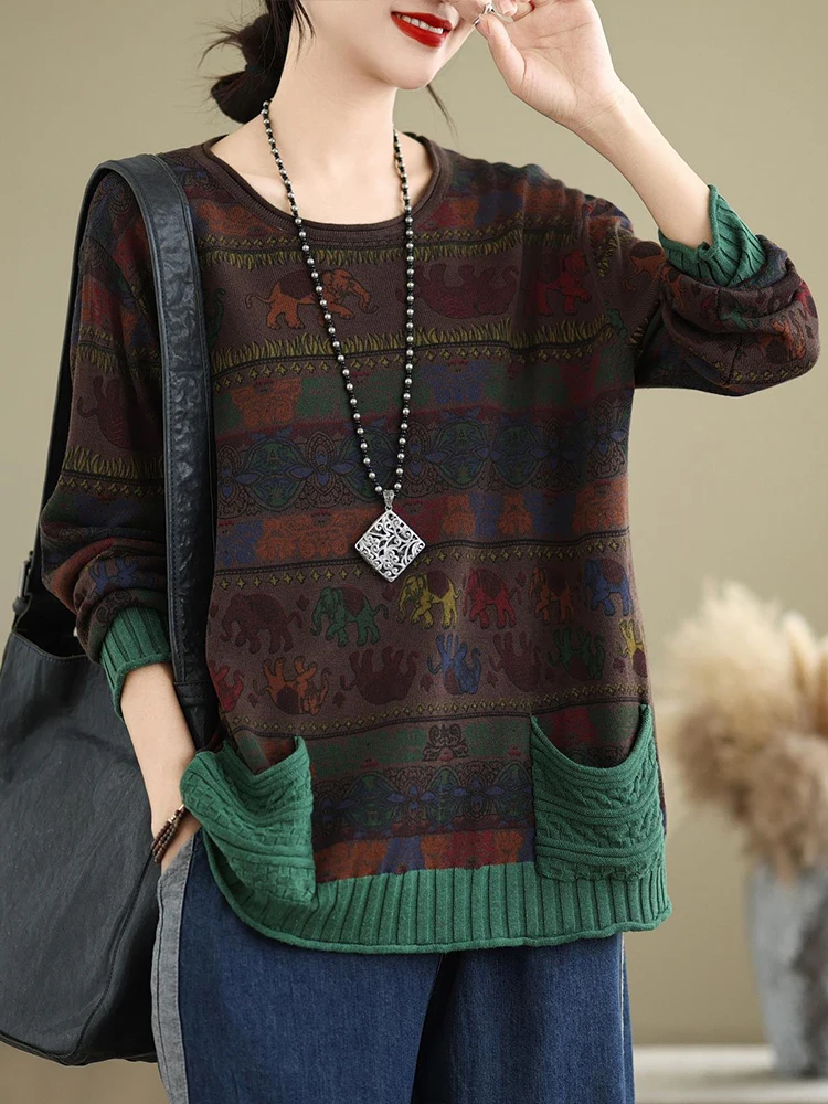 Amax luluE 2024 Fall Womens Fashion Printed Loose Sweaters Cartoon Knitted Clothes Ladies Casual O Neck Pullover Classic Jumpers