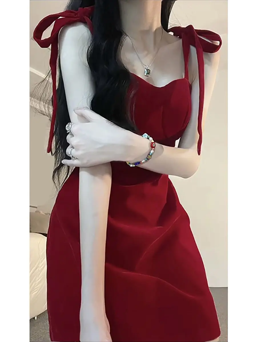 Suspender Mini Dress 2023 Summer New Slim Sleeveless Red Hot Girl Hip Skirt Patry Strap Sexy Dress Women Clothes