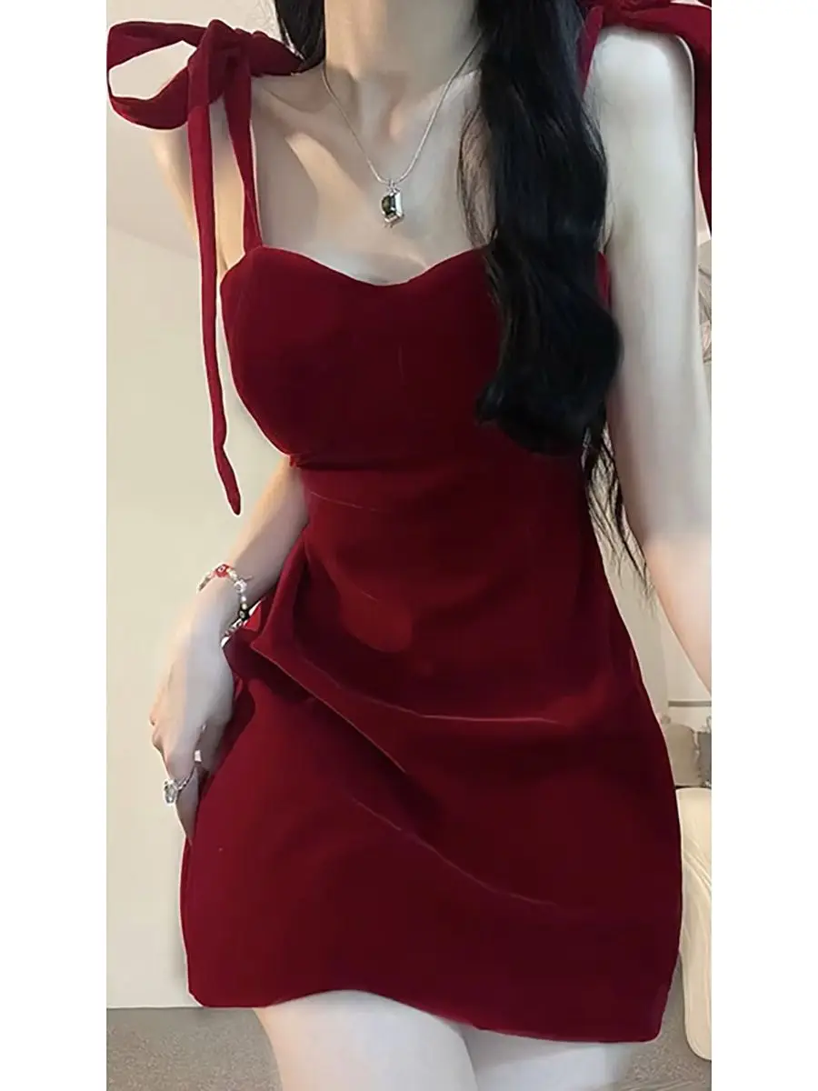 Suspender Mini Dress 2023 Summer New Slim Sleeveless Red Hot Girl Hip Skirt Patry Strap Sexy Dress Women Clothes