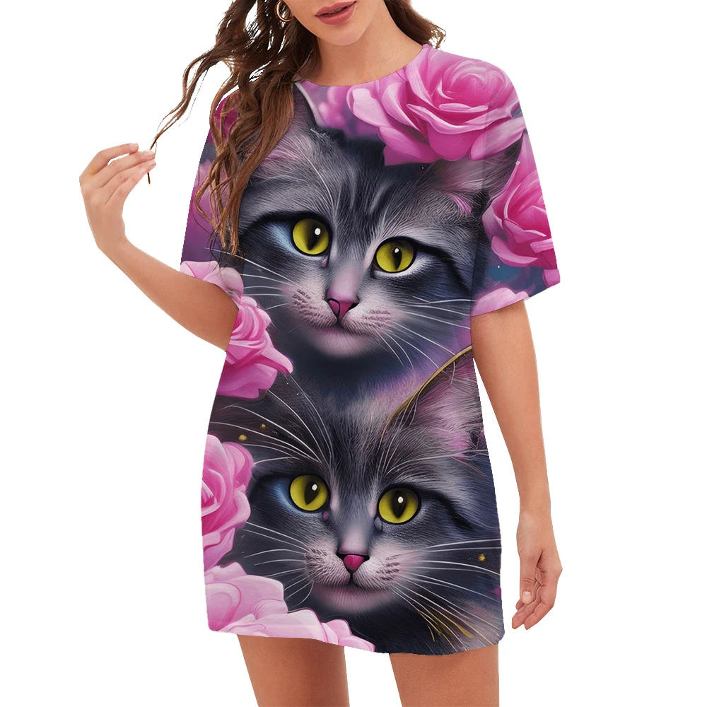New 2023 Women Dresses Fashion Pattern O-Neck Cartoon Cat Floral Print Dress Summer Trend Casual Short Sleeve Party Ladies Dress