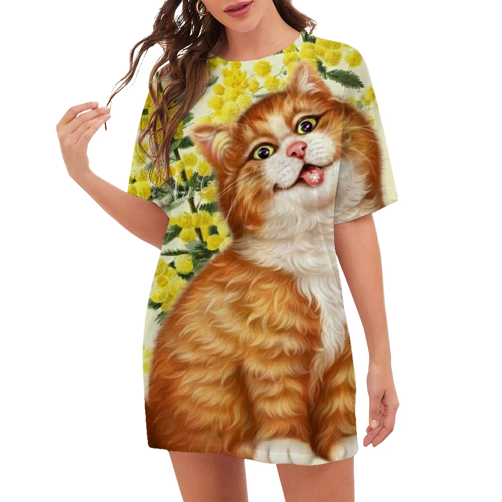 New 2023 Women Dresses Fashion Pattern O-Neck Cartoon Cat Floral Print Dress Summer Trend Casual Short Sleeve Party Ladies Dress