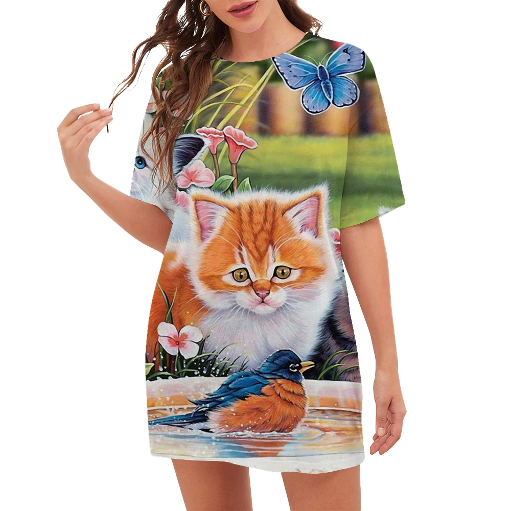 New 2023 Women Dresses Fashion Pattern O-Neck Cartoon Cat Floral Print Dress Summer Trend Casual Short Sleeve Party Ladies Dress