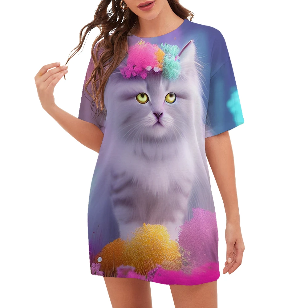 New 2023 Women Dresses Fashion Pattern O-Neck Cartoon Cat Floral Print Dress Summer Trend Casual Short Sleeve Party Ladies Dress
