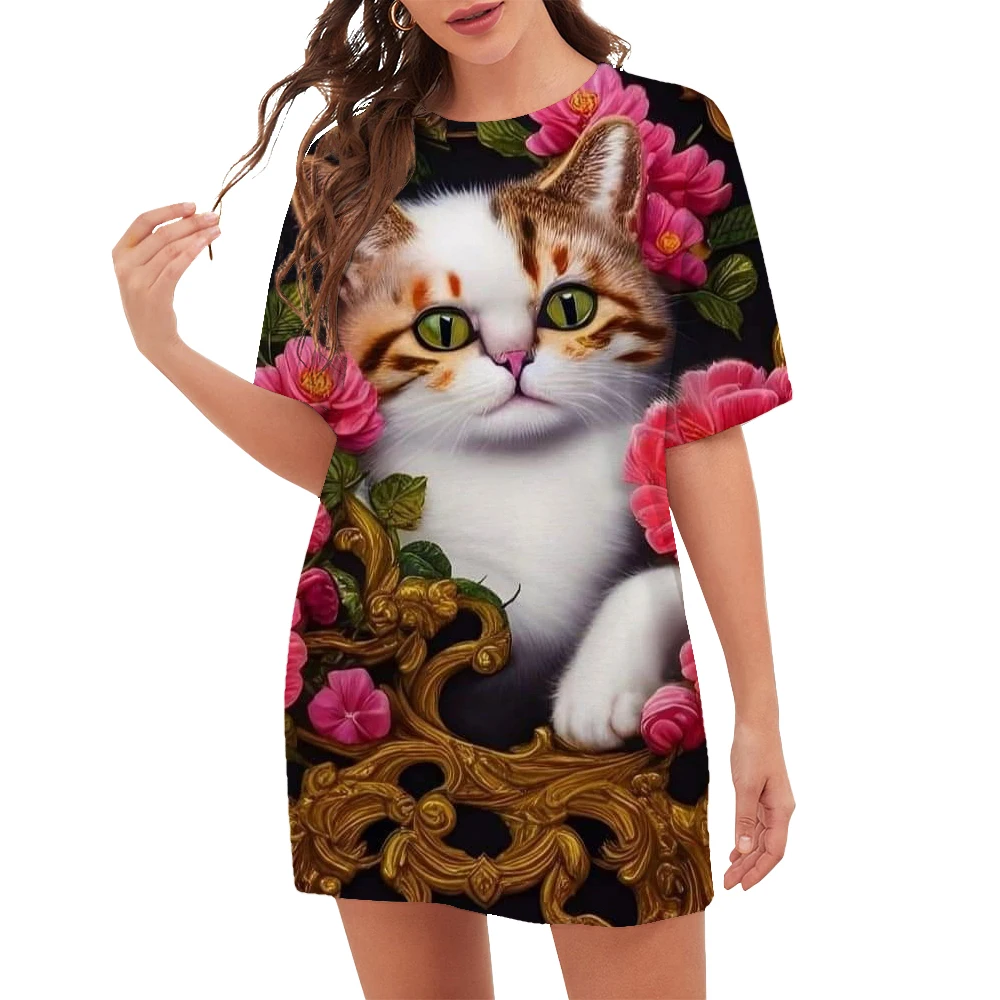 New 2023 Women Dresses Fashion Pattern O-Neck Cartoon Cat Floral Print Dress Summer Trend Casual Short Sleeve Party Ladies Dress