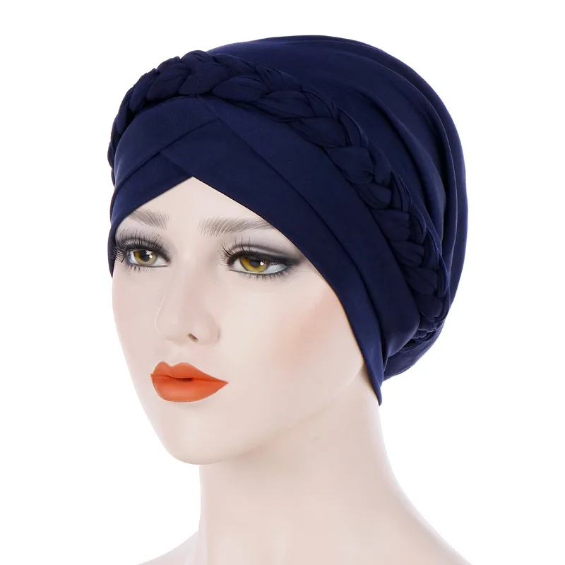Forehead Cross Turban Bonnet For Women Pure Color Cotton Braid Inner Hijabs Indian Wrap Hijab Underscarf Caps Muslim Headdress