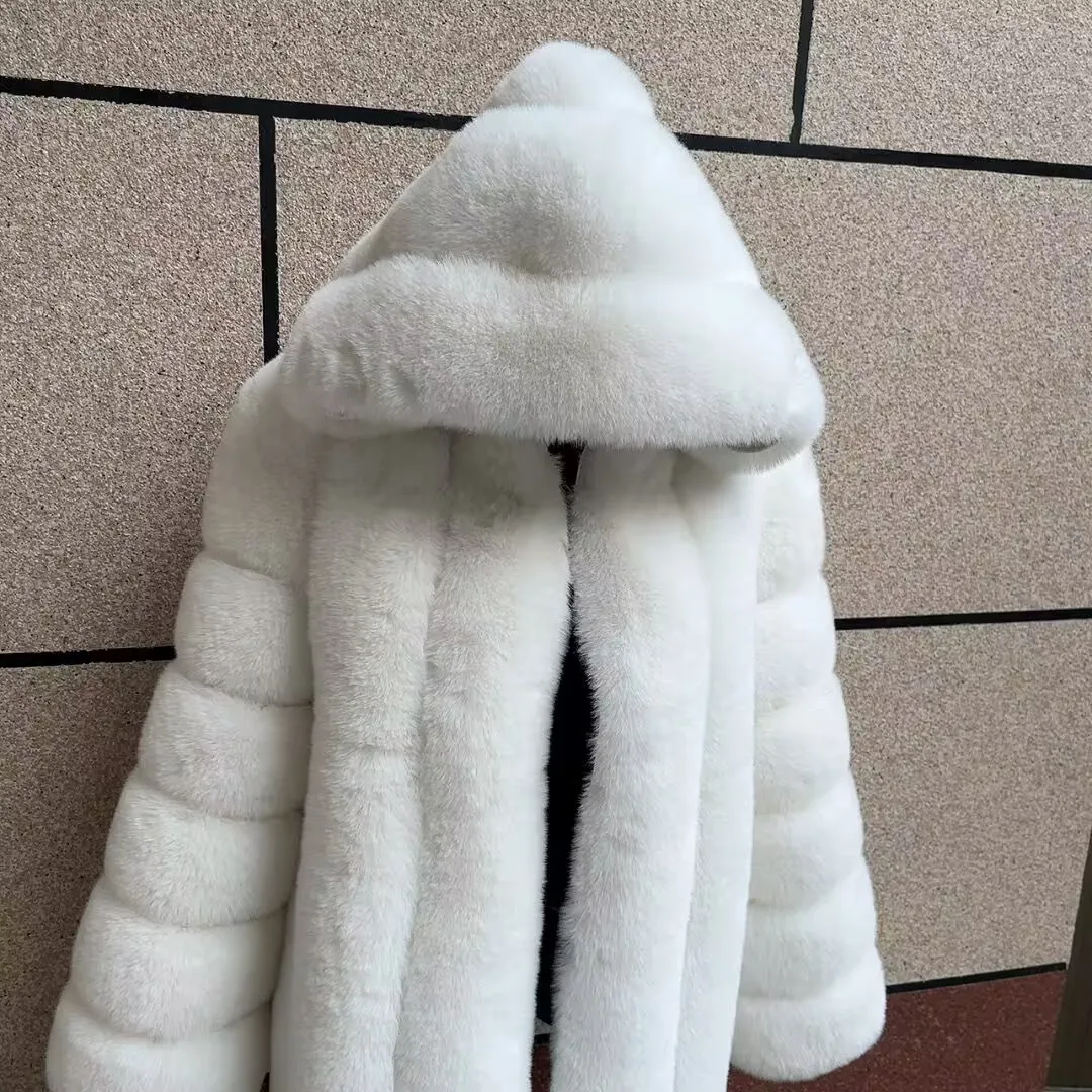 Women's Faux Fur Hooded Coat Winter Warm Fashion Hooded Fur Jacket Imitation Fox Fur Fluffy Coat Women's Clothing