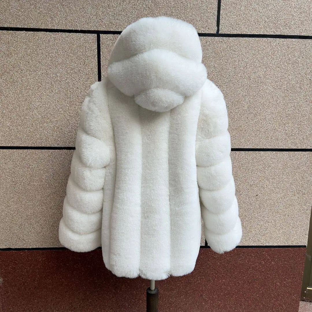Women's Faux Fur Hooded Coat Winter Warm Fashion Hooded Fur Jacket Imitation Fox Fur Fluffy Coat Women's Clothing