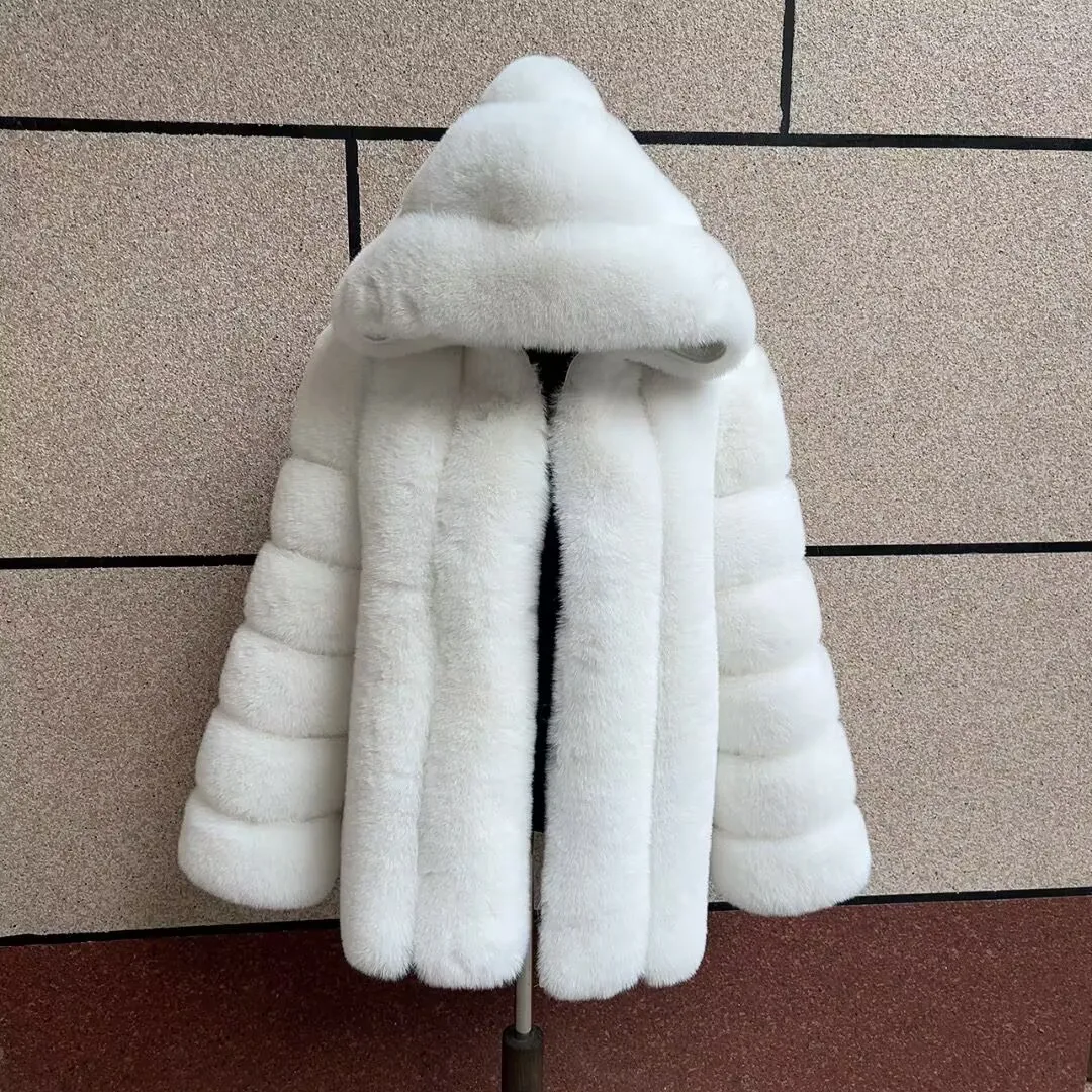 Women's Faux Fur Hooded Coat Winter Warm Fashion Hooded Fur Jacket Imitation Fox Fur Fluffy Coat Women's Clothing