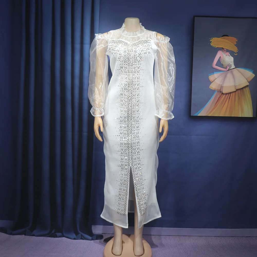 Fashion Mesh Diamond-Encrusted Elastic Tight Dress Bubble Sleeve Off-Shoulder Stand Collar Dress