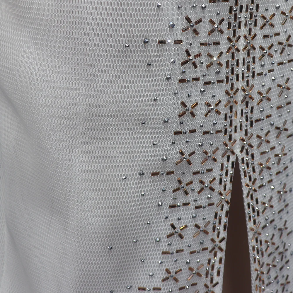 Fashion Mesh Diamond-Encrusted Elastic Tight Dress Bubble Sleeve Off-Shoulder Stand Collar Dress