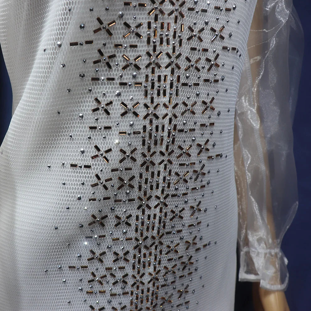 Fashion Mesh Diamond-Encrusted Elastic Tight Dress Bubble Sleeve Off-Shoulder Stand Collar Dress