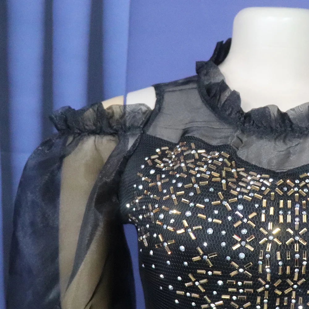 Fashion Mesh Diamond-Encrusted Elastic Tight Dress Bubble Sleeve Off-Shoulder Stand Collar Dress