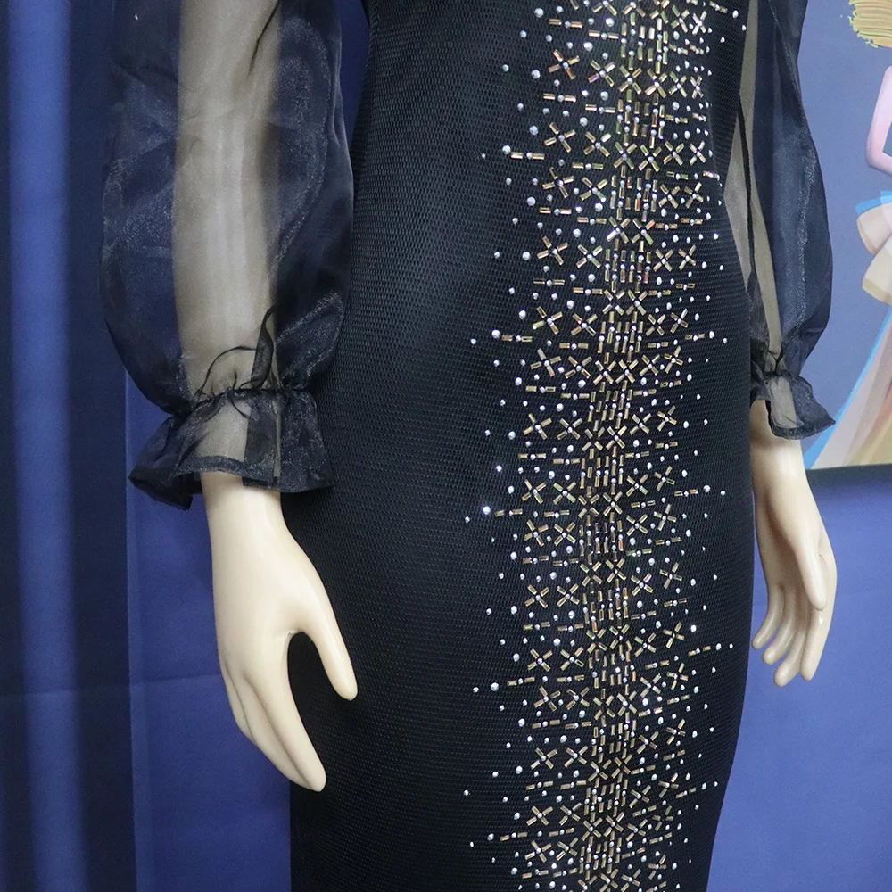 Fashion Mesh Diamond-Encrusted Elastic Tight Dress Bubble Sleeve Off-Shoulder Stand Collar Dress