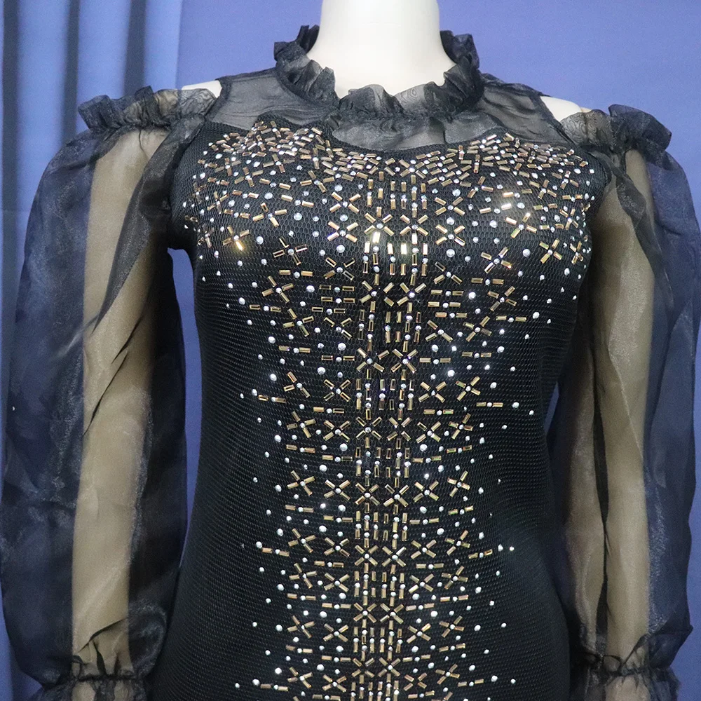 Fashion Mesh Diamond-Encrusted Elastic Tight Dress Bubble Sleeve Off-Shoulder Stand Collar Dress