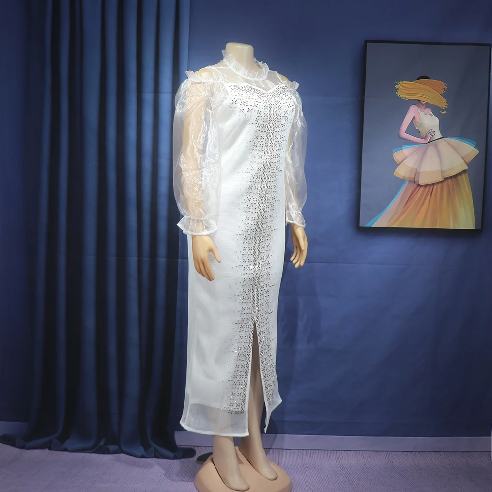 Fashion Mesh Diamond-Encrusted Elastic Tight Dress Bubble Sleeve Off-Shoulder Stand Collar Dress