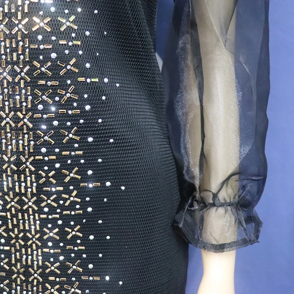 Fashion Mesh Diamond-Encrusted Elastic Tight Dress Bubble Sleeve Off-Shoulder Stand Collar Dress