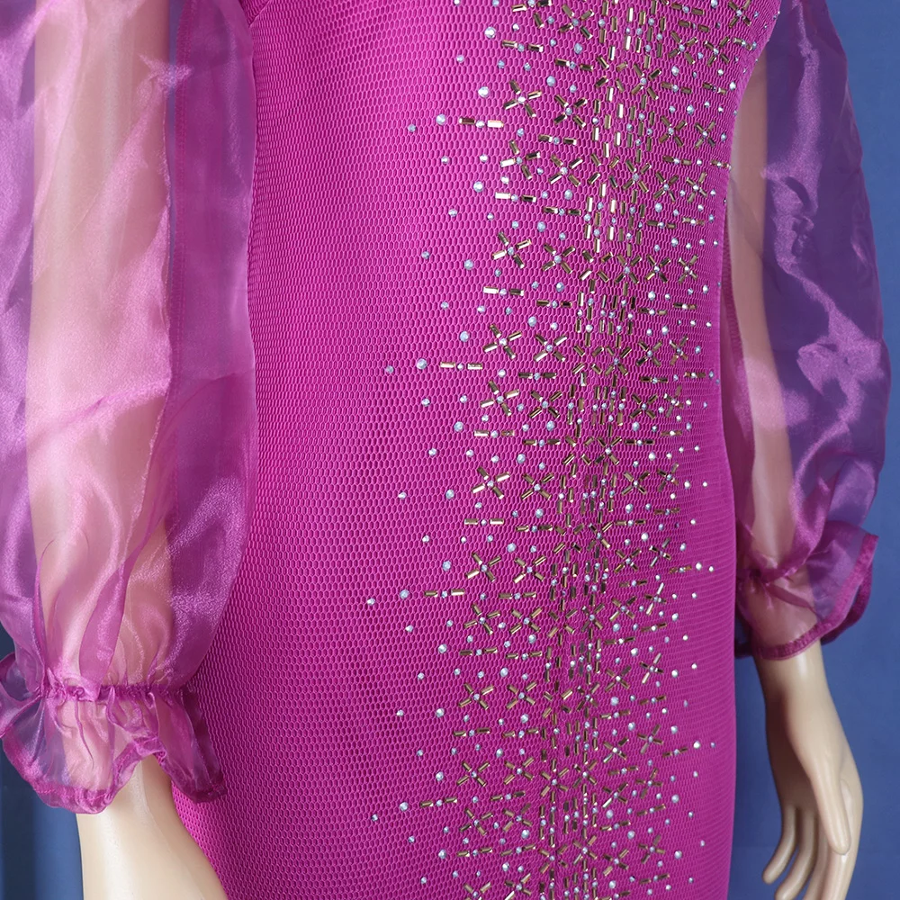 Fashion Mesh Diamond-Encrusted Elastic Tight Dress Bubble Sleeve Off-Shoulder Stand Collar Dress