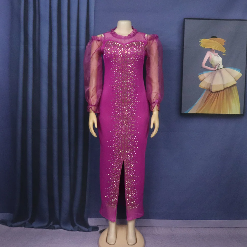 Fashion Mesh Diamond-Encrusted Elastic Tight Dress Bubble Sleeve Off-Shoulder Stand Collar Dress