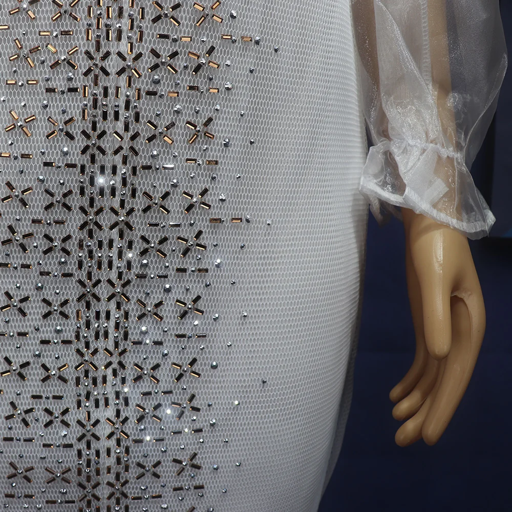 Fashion Mesh Diamond-Encrusted Elastic Tight Dress Bubble Sleeve Off-Shoulder Stand Collar Dress