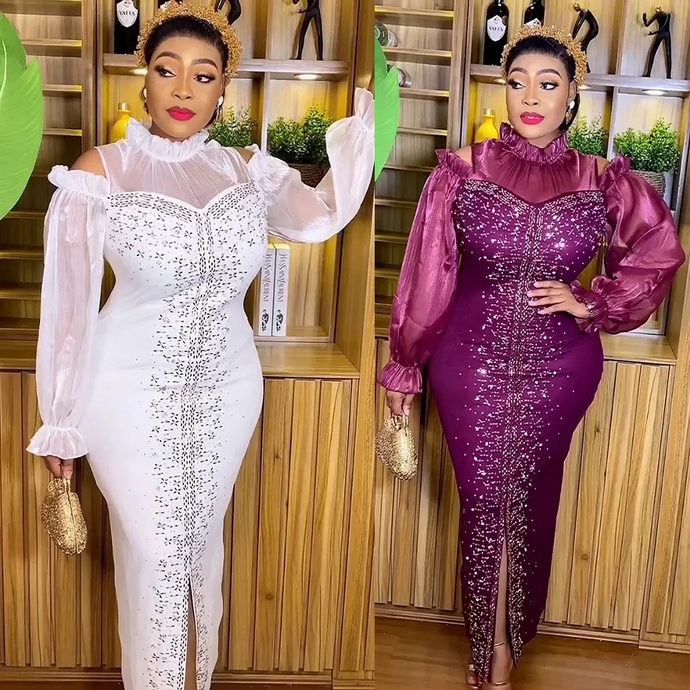 Fashion Mesh Diamond-Encrusted Elastic Tight Dress Bubble Sleeve Off-Shoulder Stand Collar Dress