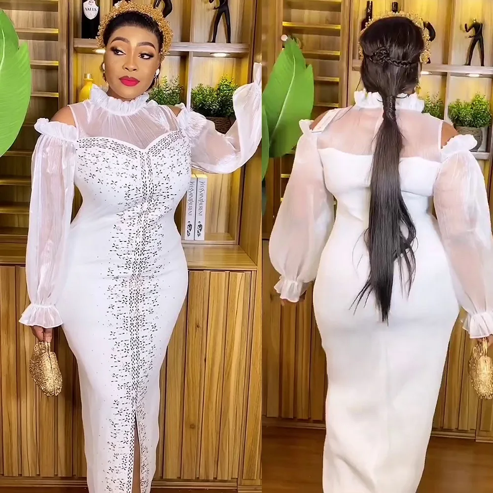 Fashion Mesh Diamond-Encrusted Elastic Tight Dress Bubble Sleeve Off-Shoulder Stand Collar Dress