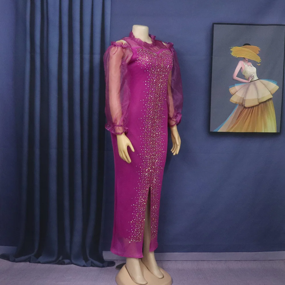 Fashion Mesh Diamond-Encrusted Elastic Tight Dress Bubble Sleeve Off-Shoulder Stand Collar Dress