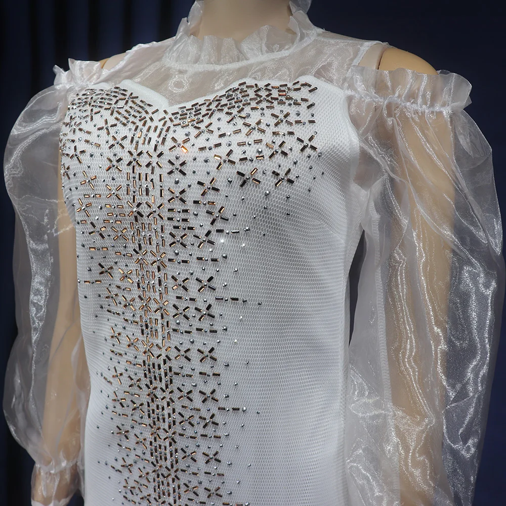 Fashion Mesh Diamond-Encrusted Elastic Tight Dress Bubble Sleeve Off-Shoulder Stand Collar Dress