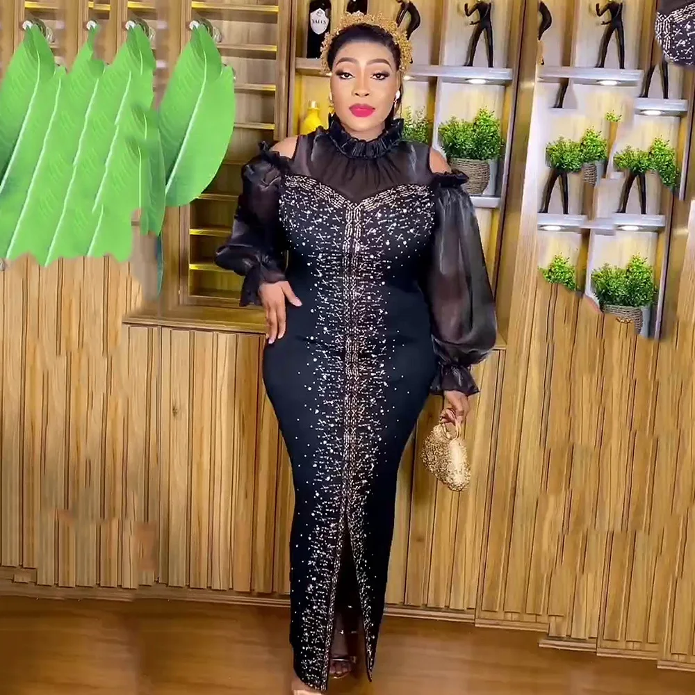 Fashion Mesh Diamond-Encrusted Elastic Tight Dress Bubble Sleeve Off-Shoulder Stand Collar Dress