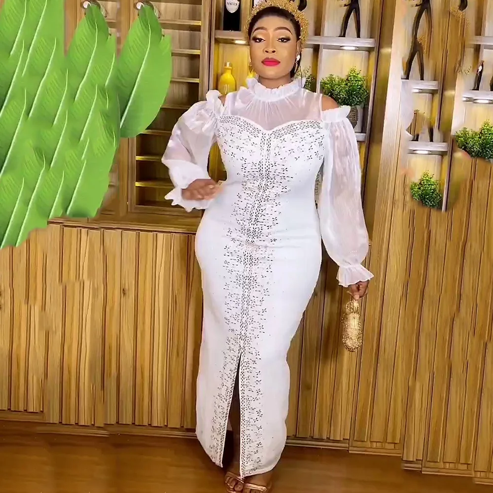 Fashion Mesh Diamond-Encrusted Elastic Tight Dress Bubble Sleeve Off-Shoulder Stand Collar Dress