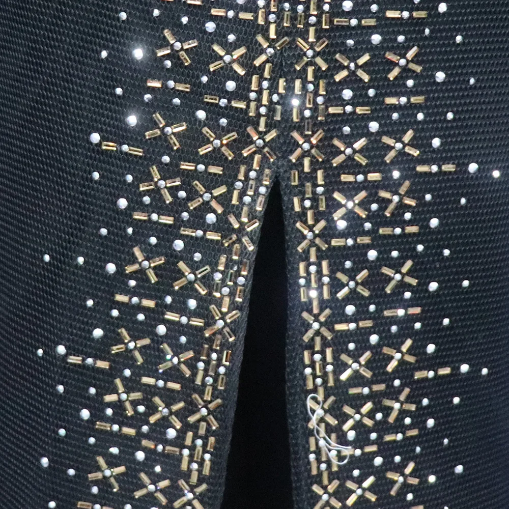 Fashion Mesh Diamond-Encrusted Elastic Tight Dress Bubble Sleeve Off-Shoulder Stand Collar Dress