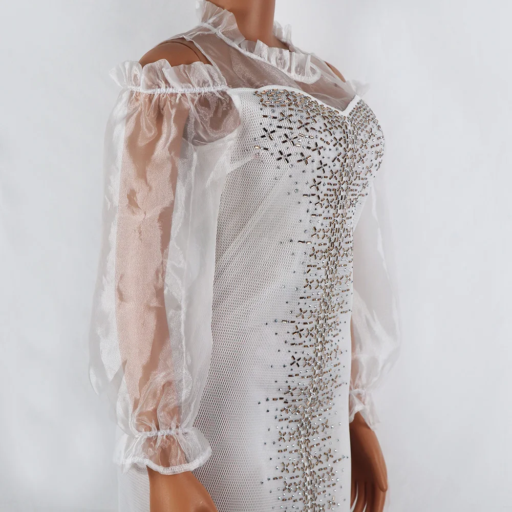Fashion Mesh Diamond-Encrusted Elastic Tight Dress Bubble Sleeve Off-Shoulder Stand Collar Dress