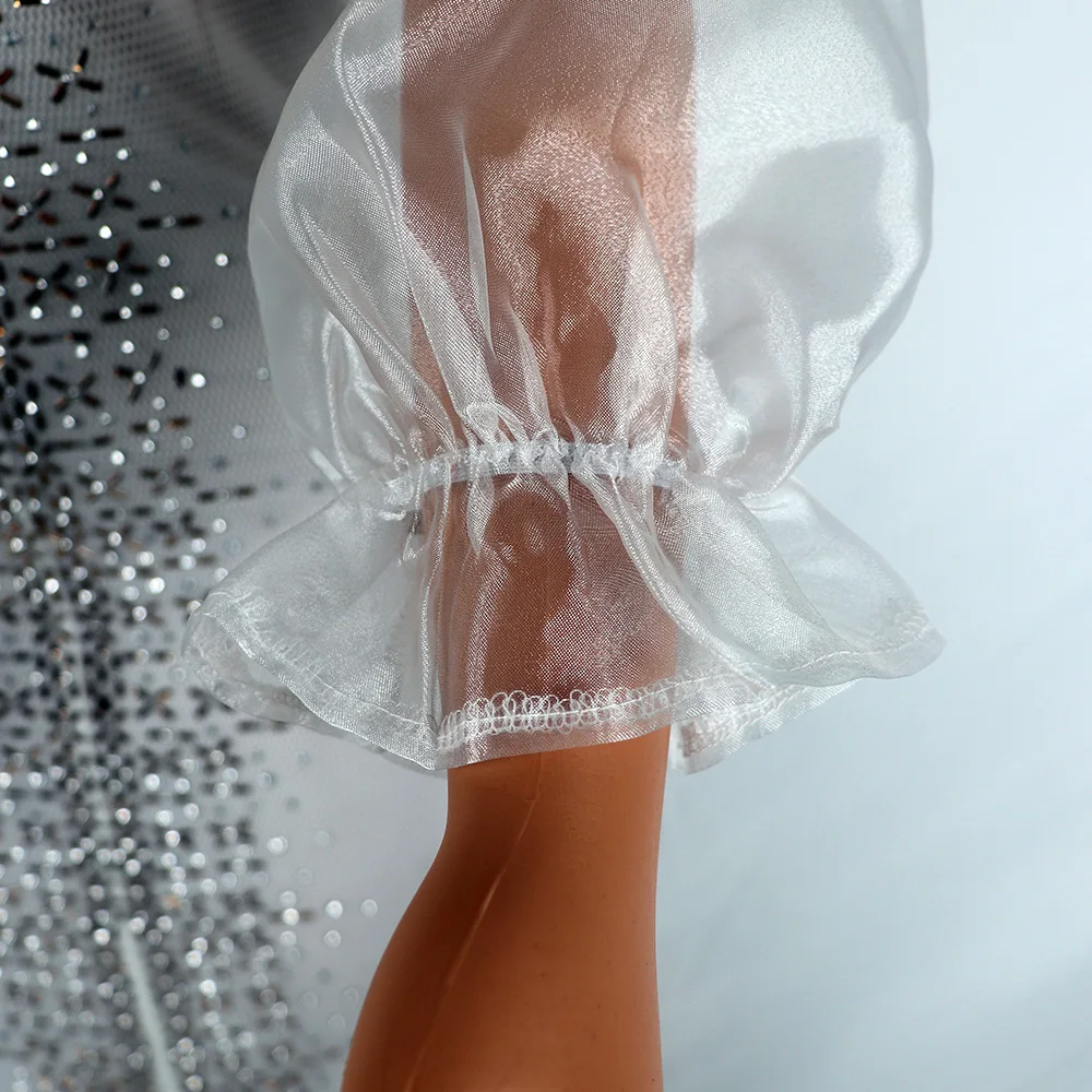 Fashion Mesh Diamond-Encrusted Elastic Tight Dress Bubble Sleeve Off-Shoulder Stand Collar Dress