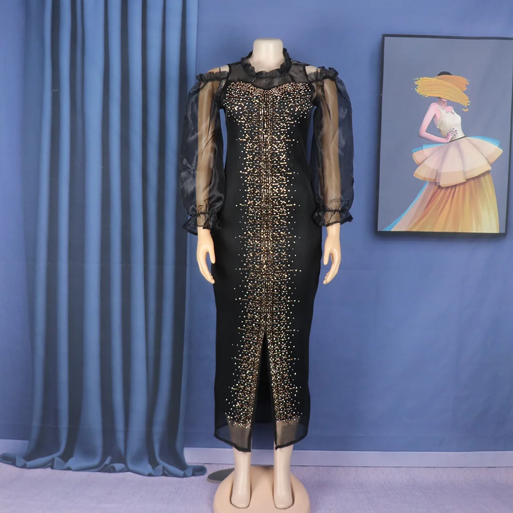 Fashion Mesh Diamond-Encrusted Elastic Tight Dress Bubble Sleeve Off-Shoulder Stand Collar Dress