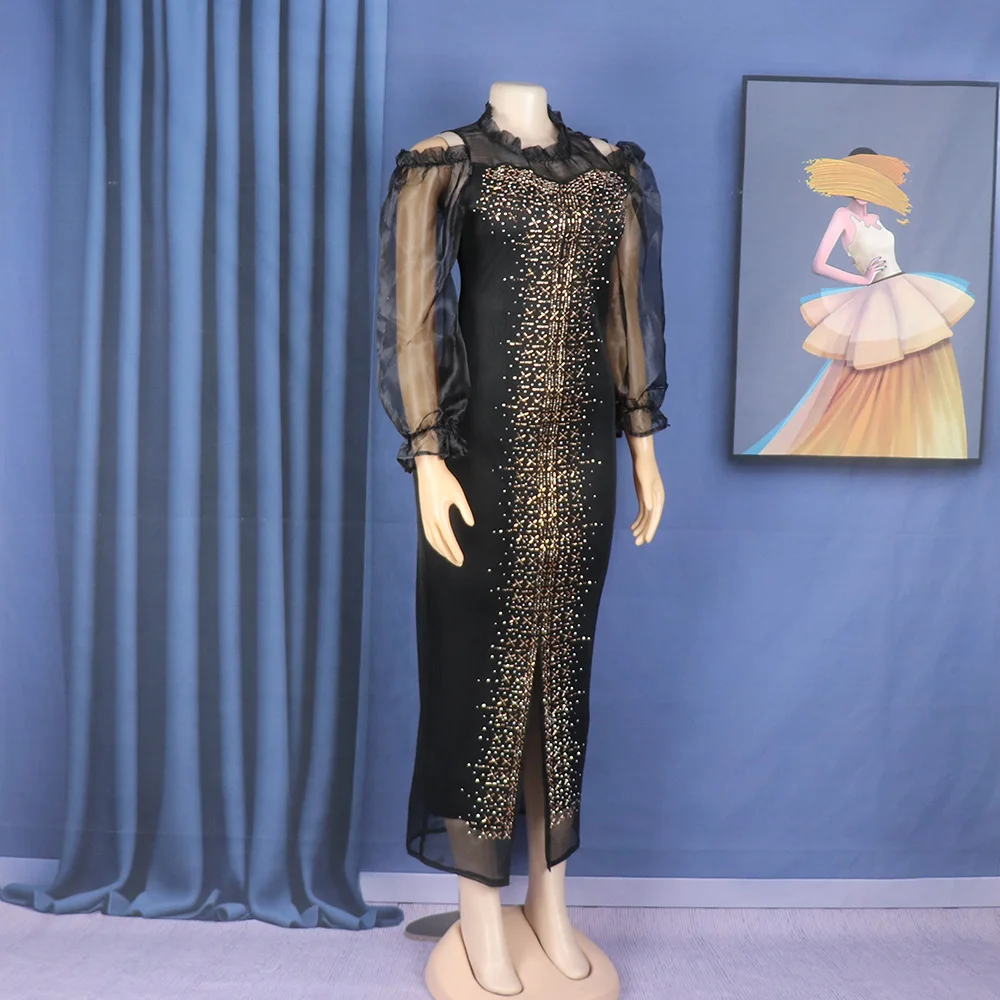 Fashion Mesh Diamond-Encrusted Elastic Tight Dress Bubble Sleeve Off-Shoulder Stand Collar Dress