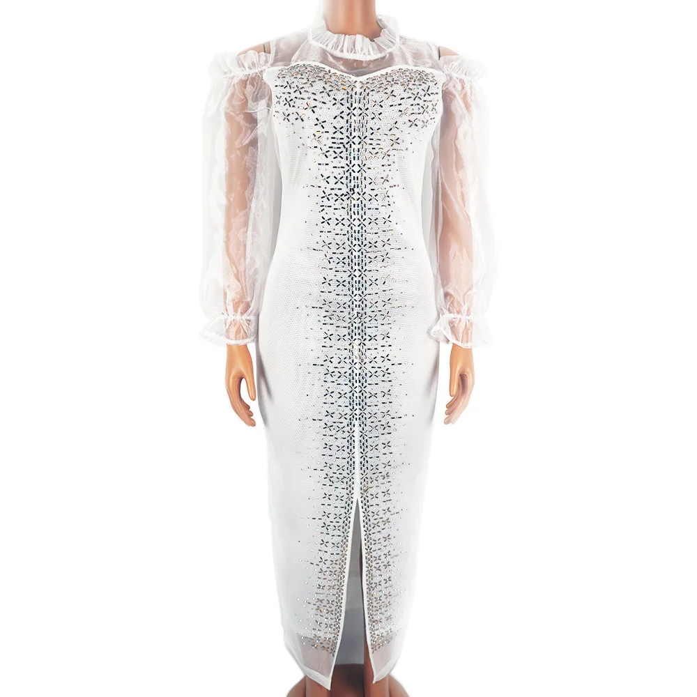 Fashion Mesh Diamond-Encrusted Elastic Tight Dress Bubble Sleeve Off-Shoulder Stand Collar Dress