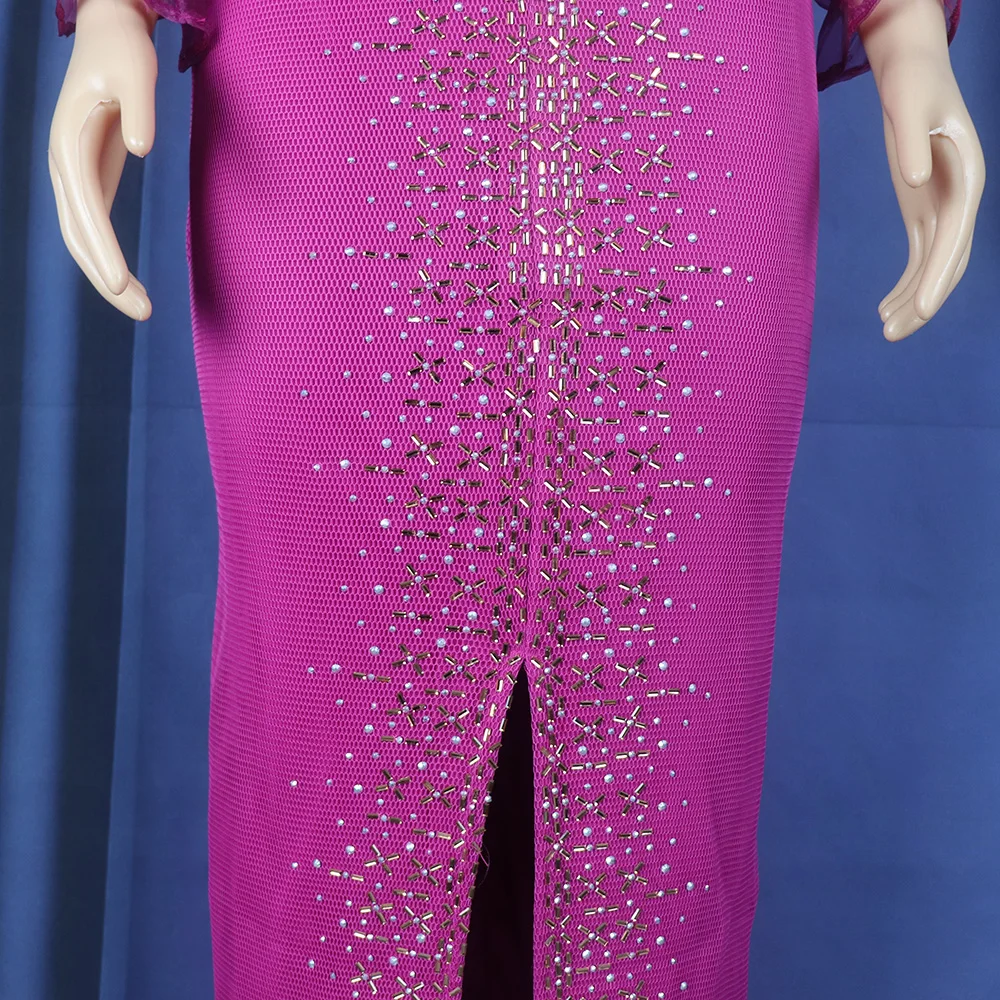 Fashion Mesh Diamond-Encrusted Elastic Tight Dress Bubble Sleeve Off-Shoulder Stand Collar Dress