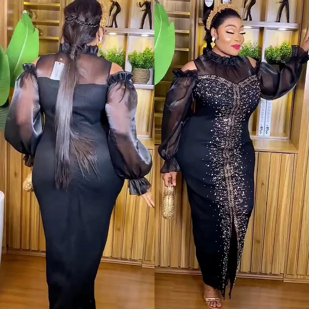 Fashion Mesh Diamond-Encrusted Elastic Tight Dress Bubble Sleeve Off-Shoulder Stand Collar Dress