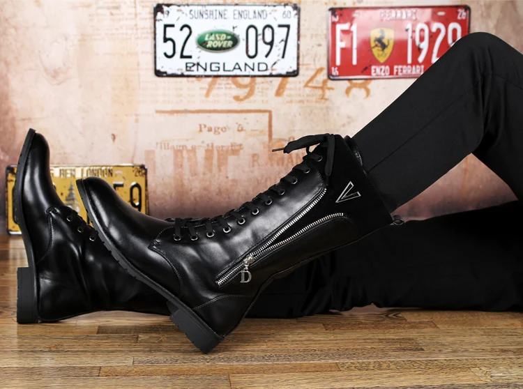 British fashion motorcycle boots for men genuine leather shoes cowboy high boot lace-up long botas masculinas zapatos de hombre
