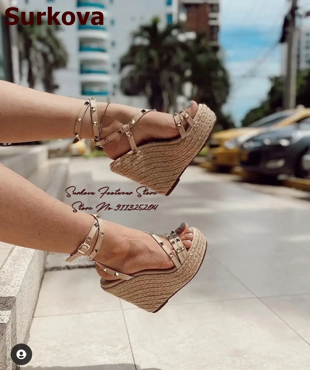 Surkova Rope Braided Wedged Heel Sandals Nude Matte Strappy Gold Studded Dress Shoes Platform Plaited Evening Pumps