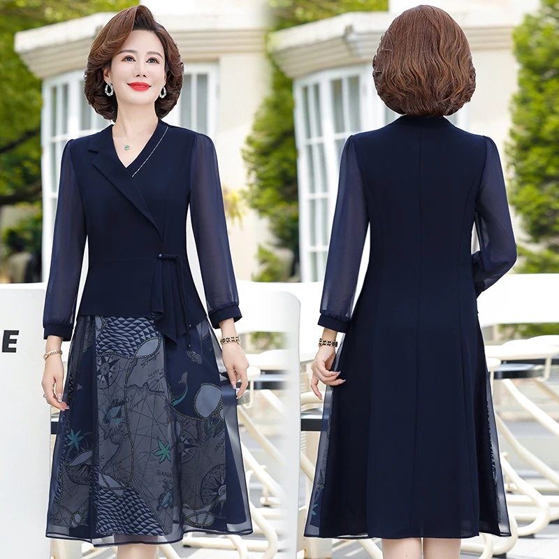 Elegant Dresses For Women Suit Navy Print Dress autumn Fake Two-piece Notched Neck A-line Chiffon Dress