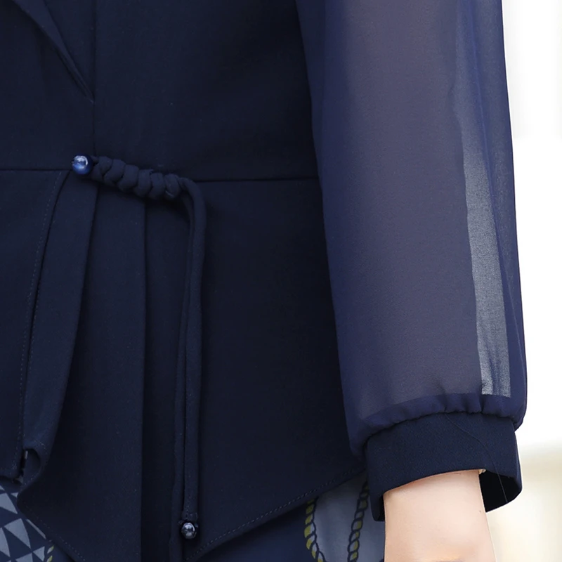 Elegant Dresses For Women Suit Navy Print Dress autumn Fake Two-piece Notched Neck A-line Chiffon Dress
