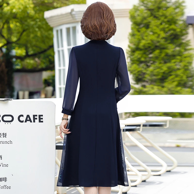 Elegant Dresses For Women Suit Navy Print Dress autumn Fake Two-piece Notched Neck A-line Chiffon Dress