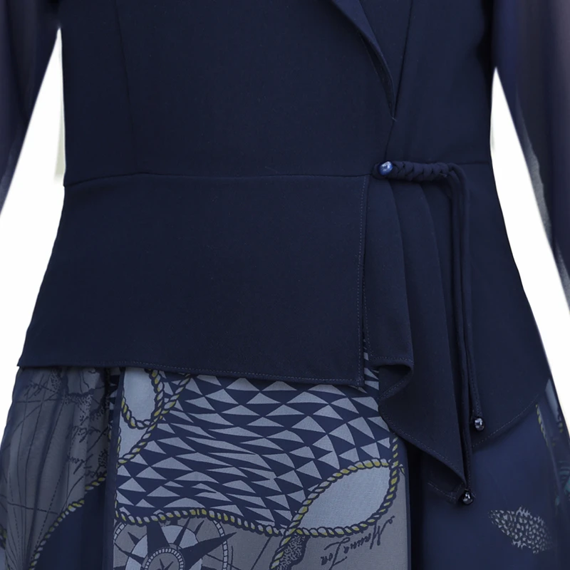 Elegant Dresses For Women Suit Navy Print Dress autumn Fake Two-piece Notched Neck A-line Chiffon Dress