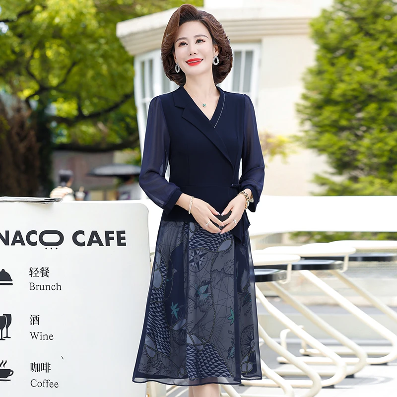 Elegant Dresses For Women Suit Navy Print Dress autumn Fake Two-piece Notched Neck A-line Chiffon Dress