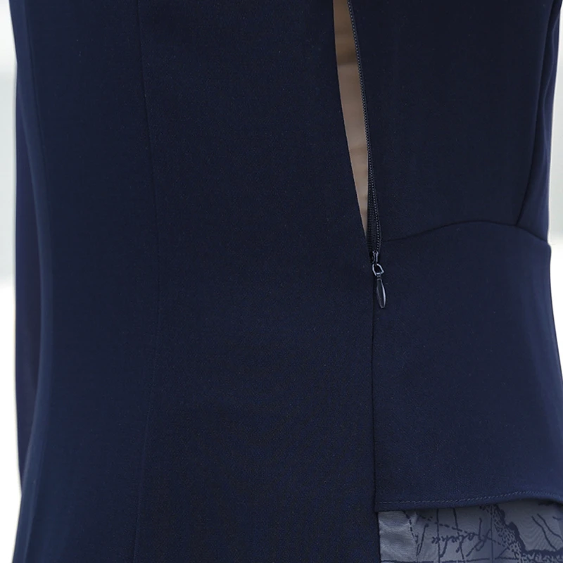 Elegant Dresses For Women Suit Navy Print Dress autumn Fake Two-piece Notched Neck A-line Chiffon Dress
